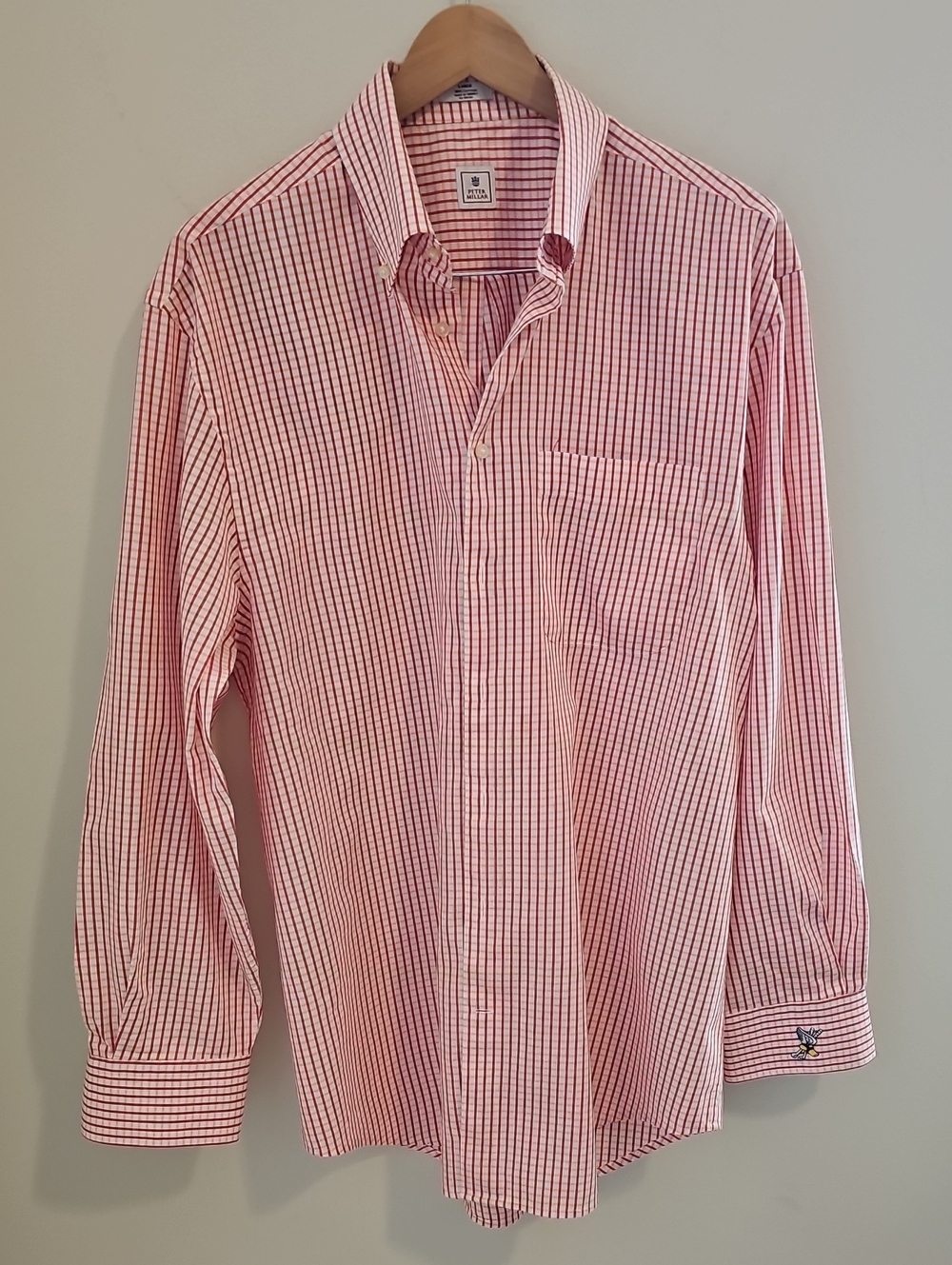 Peter Millar Classic Men's Red Checked Button-Down Shirt. Wing Foot Emblem. Lg